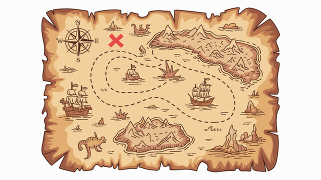 Detailed traditional vintage pirate treasure map illustration detailing a nautical voyage path across uncharted tropical islands and mountainous seas, featuring old galleon ships, a large compass rose