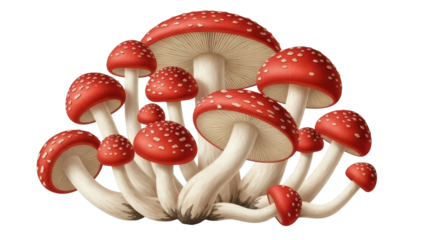 Group of fly agaric mushrooms isolated PNG, red toadstools with white spots on transparent background, poisonous fungi for nature designs