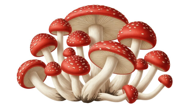 Group of fly agaric mushrooms isolated PNG, red toadstools with white spots on transparent background, poisonous fungi for nature designs - Powered by Adobe