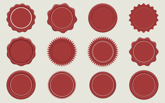 A large collection of blank red wax seals and stamps in various classic shapes including smooth, scalloped, and starburst borders, designed as premium vector icons for certificates, quality guarantees