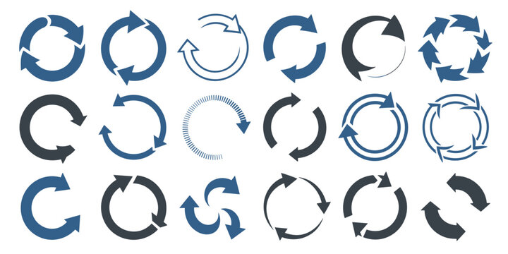 Large collection of modern vector circular arrow icons and refresh symbols illustrating continuous rotation, looping processes, and sequential steps. Essential graphic elements for business infographi