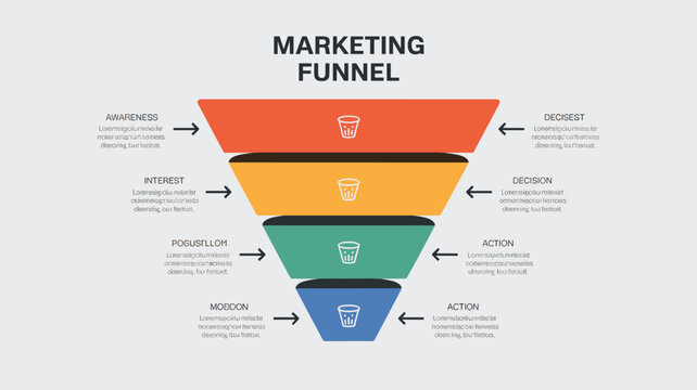 Professional four-step marketing sales conversion funnel diagram infographic template detailing the customer acquisition journey and business strategy pipeline process, illustrating decision stages an