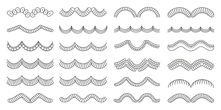 Comprehensive set of elegant vector borders and divider trims, stylized decorative line art patterns including scallops, beads, waves, and stitch motifs, perfect for professional graphic design, vinta