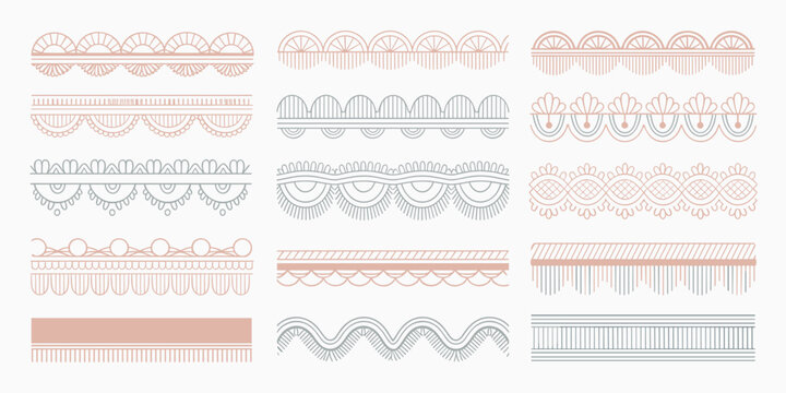 Elegant collection of graphic design vector borders, minimalist continuous decorative patterns, modern linear divider elements, subtle seamless line art trim resembling lace, perfect template for wedd