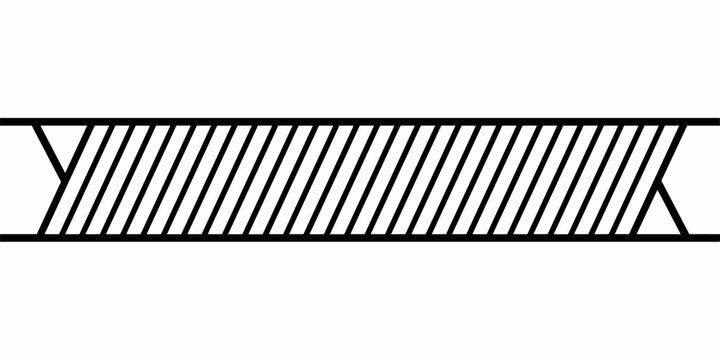 Technical schematic cross section vector graphic illustrating a continuous horizontal band or material splice, filled with tight diagonal hatching lines, ideal for modern design templates, abstract di