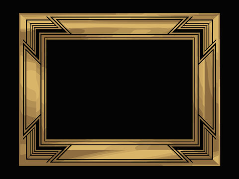 Luxurious golden Art Deco frame border template with sleek geometric patterns used for elegant formal invitations, certificates, movie title cards, and professional business presentations, set against