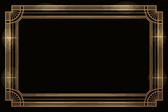 Elegant Art Deco golden frame border template on a rich black background, featuring shiny metallic lines and geometric fan patterns perfect for luxury invitations, formal presentations, sophisticated