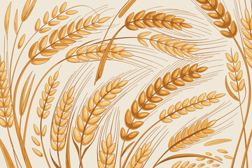 Golden wheat grain stalks illustration background featuring a rich organic barley and rye cereal crop harvest pattern, perfect for natural food packaging design, bakery menus, advertising, and agricul
