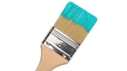 Paint brush with blue paint isolated PNG on transparent background, painting tool for home improvement and artistic projects