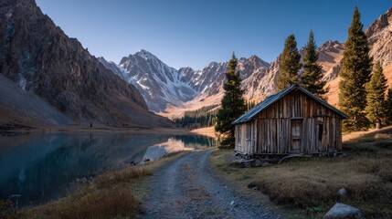 Quiet mountain hut by a tranquil alpine lake with rugged mountain backdrop