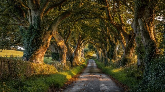 Quiet countryside road framed by towering trees and warm sunlight