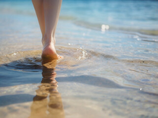 波打ち際で足を濡らす