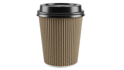 Brown paper coffee cup with black lid isolated PNG, disposable hot drink container for cafe and takeaway
