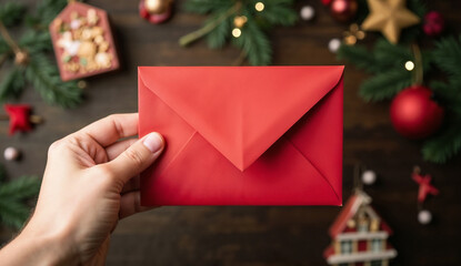Hand holding red envelope on wooden background with Christmas decorations