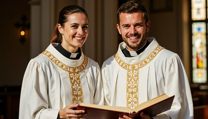 Young Christian couple smiling while holding hymn book in church  