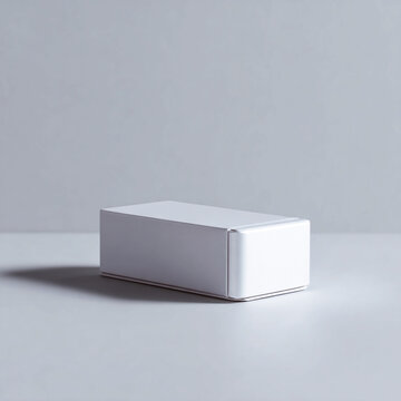 Caja rectangular blanca sobre fondo gris minimalista con sombra suave y luz lateral
