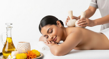 Woman Enjoying Traditional Thai Herbal Compress Spa Treatment