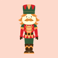A charming cartoon illustration of a traditional nutcracker soldier in festive red and green uniform with a mustache.