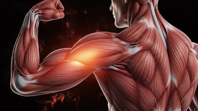 Detailed human anatomy showing arm and back muscles with bicep pain
