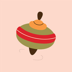 A simple cartoon illustration of a green and red spinning top toy on a light pink background.