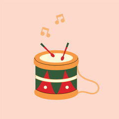 A charming cartoon illustration of a festive drum with drumsticks and musical notes, set against a light pink background, perfect for celebrations.