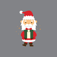 Cute cartoon Santa Claus character holding a green gift box with a red ribbon, standing against a plain grey background, with small golden sparkles.