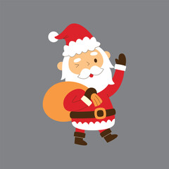 Cute cartoon Santa Claus waving hand and carrying a gift sack, isolated on a grey background.