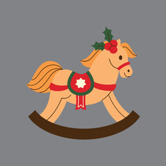 A charming cartoon rocking horse adorned with festive holly and berries, perfect for holiday themes.