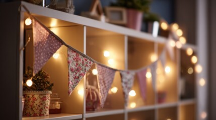 Bunting flags and warm fairy lights close-up in soft glowing ambience on contemporary shelving unit featuring subtle Russian holiday motifs concept