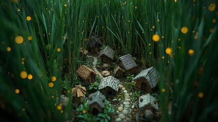 Enchanting Miniature Village Hidden in Tall Grass with Glowing Lights, Fantasy Landscape with Tiny Houses and Magical Ambiance, Whimsical Scene in Nature
