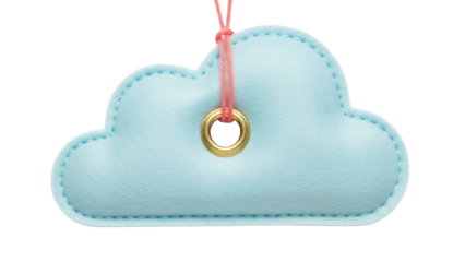 Light blue cloud-shaped keychain isolated PNG, cute puffy charm with pink string and golden eyelet on transparent background