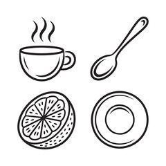 Outline Drawing for Serving Lemon Tea with Cup and Spoon