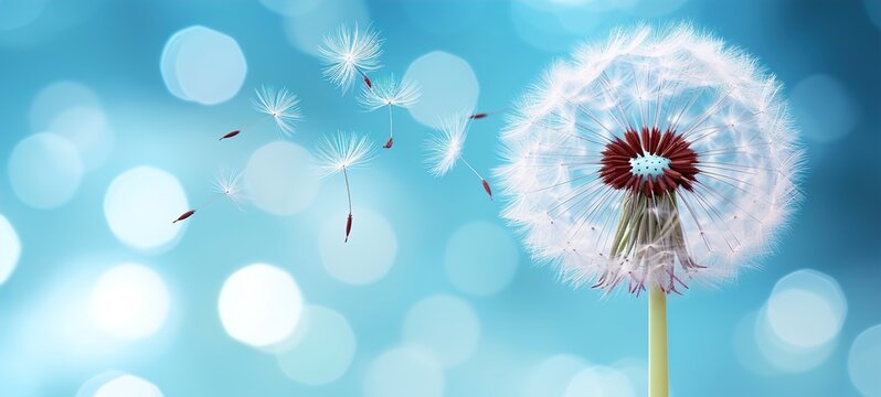 Wishful dandelion seeds drifting gently on breezy blue bokeh background