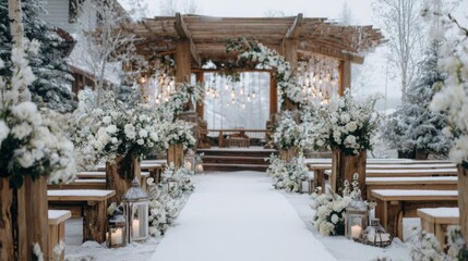 Refined Russian-style outdoor winter wedding setting with white flowers, evergreen arrangements and natural wooden details, illuminated by crisp cold light and soft drifting snow for aesthetic
