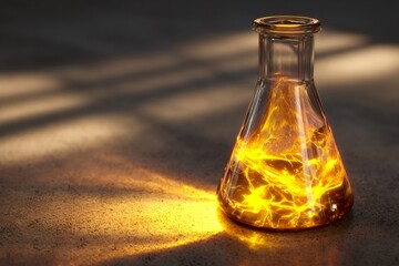Erlenmeyer flask on a dark surface, containing glowing molten yellow energy, symbolizing science, innovation, and discovery