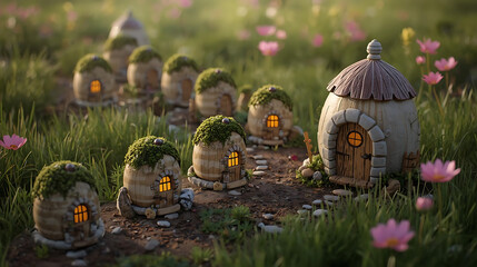 Enchanting Fairy Village: Miniature Houses with Mossy Roofs and Glowing Windows in a Lush Meadow, Fantasy Landscape with Pink Flowers and Magical Ambiance