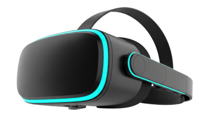 Modern black VR headset with blue accents isolated PNG, virtual reality glasses for gaming and...