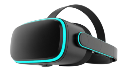 Modern black VR headset with blue accents isolated PNG, virtual reality glasses for gaming and immersive experiences on transparent background