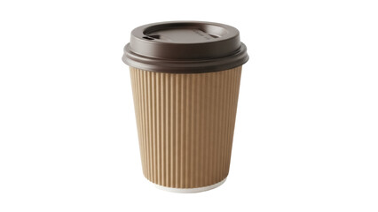Brown paper coffee cup with lid isolated PNG, disposable takeaway drink container for hot beverages on transparent background