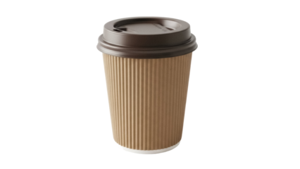 Brown paper coffee cup with lid isolated PNG, disposable takeaway drink container for hot beverages on transparent background