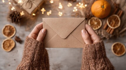 Female hands A5 postcard mockup in rustic holiday style with dried oranges and cinnamon in warm cozy bokeh tones