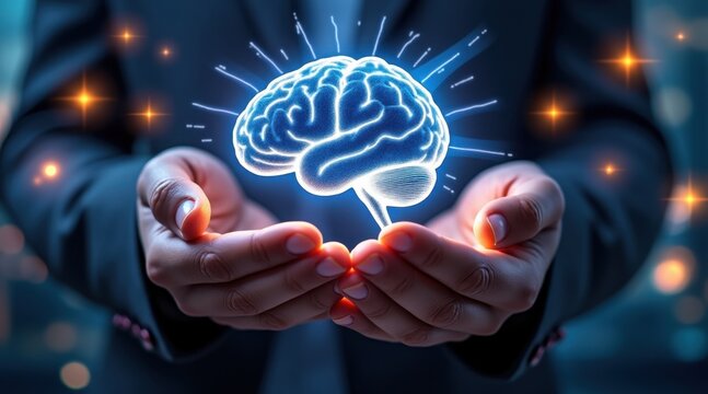 Mindful Hands: A close-up view of hands tenderly cradling a glowing illustration of the human brain, symbolizing knowledge, and cognitive function.