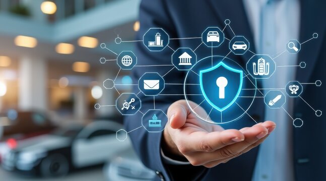 Cybersecurity Assurance: A person's hand tenderly cradles an illuminated digital shield with a keyhole, surrounded by an array of icons symbolizing secure digital infrastructure.
