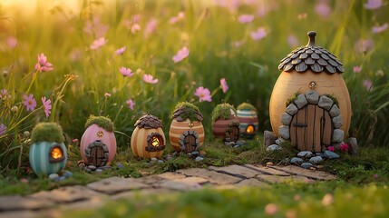 Enchanting Fairy Village: Miniature Houses in a Lush Meadow with Pink Cosmos Flowers at Sunset, Whimsical Fantasy Landscape, Dreamy and Magical
