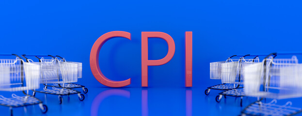 Growth of sales or growth of market basket or consumer price index concept. CPI. Shopping basket . 3d illustration