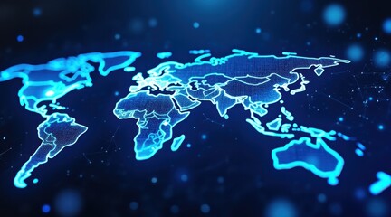 Global Digital Blueprint: An illuminated digital map of the world glows against a dark backdrop, symbolizing global connectivity and technological advancement.