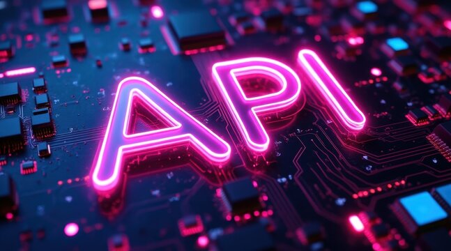 API Interface Innovation: A luminous API acronym glows against the backdrop of a high-tech circuit board, symbolizing the cutting edge of digital development and software connectivity.