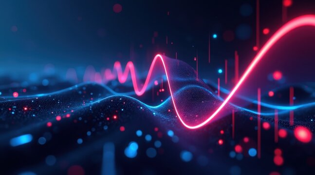 Digital Waveform in Data Stream: A mesmerizing visualization of digital waveforms and data streams, pulsating with vibrant neon colors.