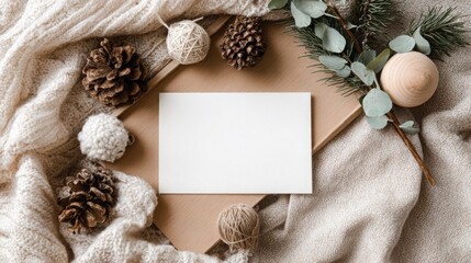 Rustic woodland Christmas flat lay with evergreen branches, cedar cones, twine and wooden stars featuring horizontal A5 greeting card mockup in earthy tones
