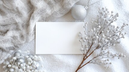 White winter flat lay with frosted branches, snow-like textures and subtle silver d&eacute;cor featuring horizontal A5 greeting card mockup in calm cool tones